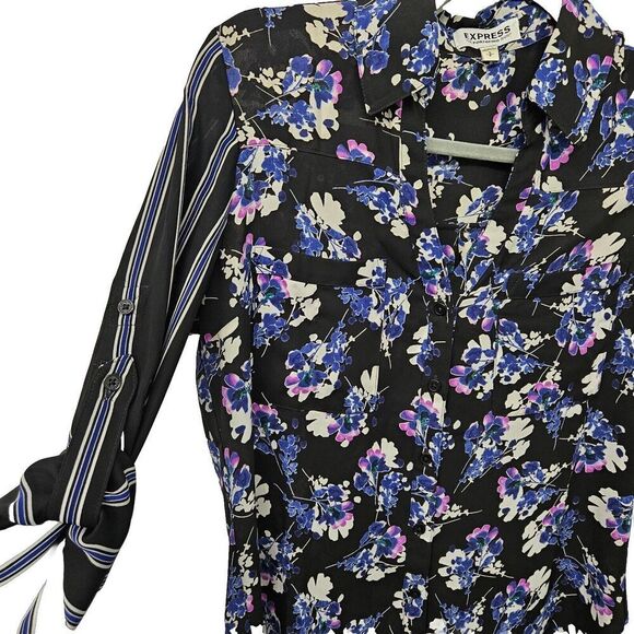 Express Portofino Floral Striped Shirt Blouse Top S Roll Tab *FLAW - Picture 4 of 7